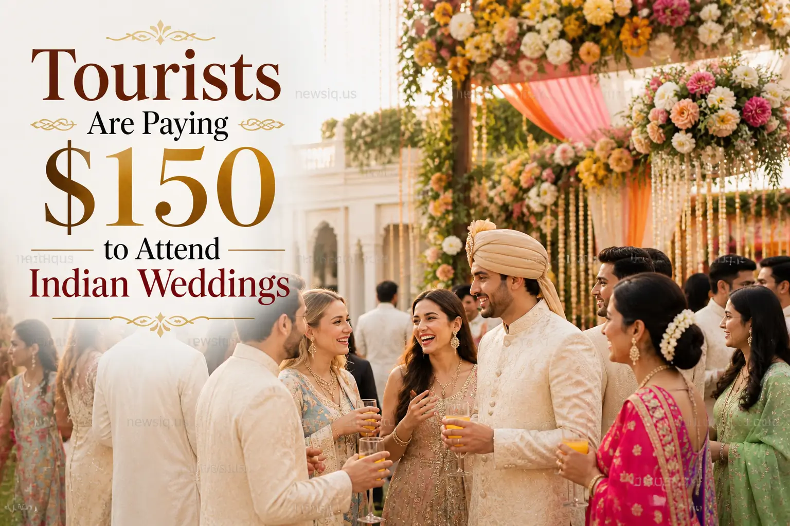 Tourists and Indian wedding guests smiling together at a colorful outdoor shaadi celebration, with overlay text "Tourists Are Paying $150 to Attend Indian Weddings.