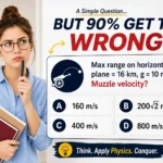 Physics questions with answers quiz card showing a projectile motion MCQ with a confused student holding notebooks