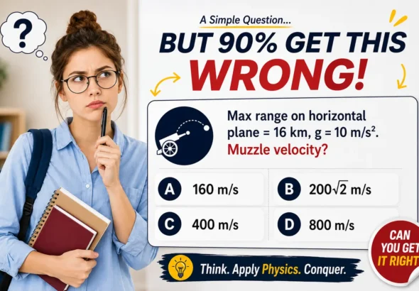 Physics questions with answers quiz card showing a projectile motion MCQ with a confused student holding notebooks