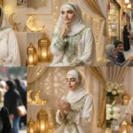 Ramadan photo editing inspiration with Muslim woman in hijab, iftar table, crescent moon decor, lantern lights, prayer and charity scenes.