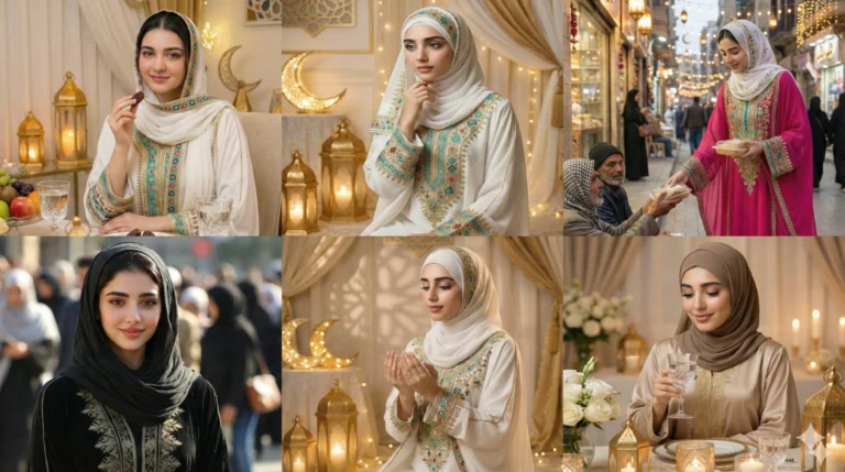 Ramadan photo editing inspiration with Muslim woman in hijab, iftar table, crescent moon decor, lantern lights, prayer and charity scenes.
