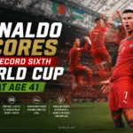 A graphic titled Ronaldo Scores in Record Sixth World Cup at Age 41 showing Cristiano Ronaldo celebrating in his Portugal jersey, with text highlighting his milestone achievement against Uzbekistan.