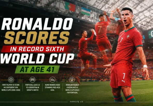 Ronaldo Becomes First Player to Score in Six World Cups A graphic titled Ronaldo Scores in Record Sixth World Cup at Age 41 showing Cristiano Ronaldo celebrating in his Portugal jersey, with text highlighting his milestone achievement against Uzbekistan.
