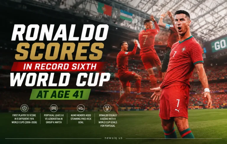 A graphic titled Ronaldo Scores in Record Sixth World Cup at Age 41 showing Cristiano Ronaldo celebrating in his Portugal jersey, with text highlighting his milestone achievement against Uzbekistan.