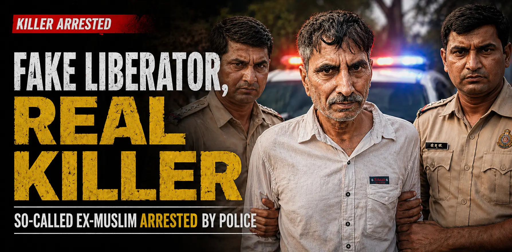 magazine cover titled 'Fake Liberator, Real Killer' featuring Salim Vastik in Delhi Police custody after being identified as a 25-year murder fugitive