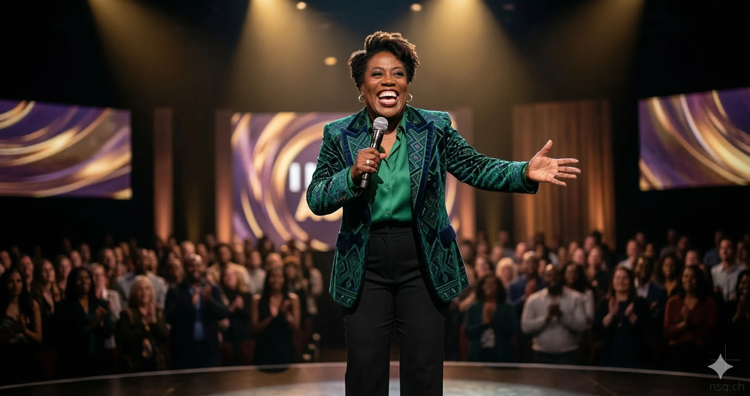 Comedian Sheryl Underwood performing stand-up comedy on stage with a microphone in front of a live audience.
