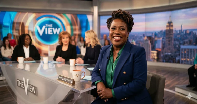 Sheryl Underwood smiling at The View talk show panel desk during a guest hosting appearance on ABC.