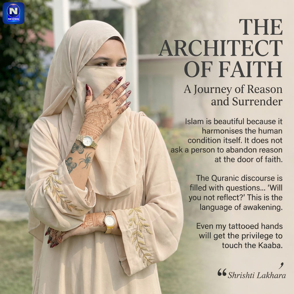 A high-resolution magazine-style square post of Shrishti Lakhara in a beige niqab and abaya with gold leaf sleeve details. The image features elegant typography titled "The Architect of Faith" on a clean, light background, highlighting her butterfly tattoo and a quote about reason in Islam.