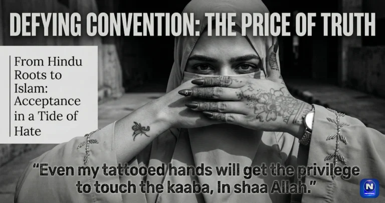 A high-contrast black and white magazine-style editorial photo of a woman in a niqab. Her henna-patterned hand is placed over her face, and a butterfly tattoo is visible on her wrist. The image features bold headlines: "Defying Convention: The Price of Truth" and a sidebar discussing her conversion from Hinduism to Islam.