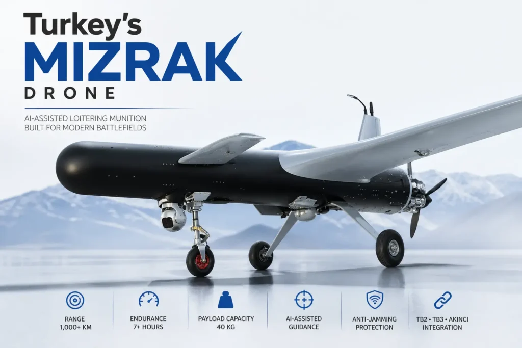 image of Turkey’s Mızrak drone on landing gear with large wingspan, rear propeller, and text highlighting 1,000+ km range, 7+ hours endurance, 40 kg payload, and AI-assisted guidance.