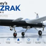 image of Turkey’s Mızrak drone on landing gear with large wingspan, rear propeller, and text highlighting 1,000+ km range, 7+ hours endurance, 40 kg payload, and AI-assisted guidance.