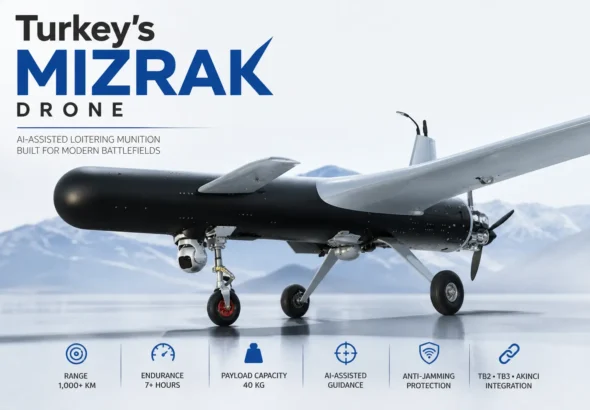 image of Turkey’s Mızrak drone on landing gear with large wingspan, rear propeller, and text highlighting 1,000+ km range, 7+ hours endurance, 40 kg payload, and AI-assisted guidance.