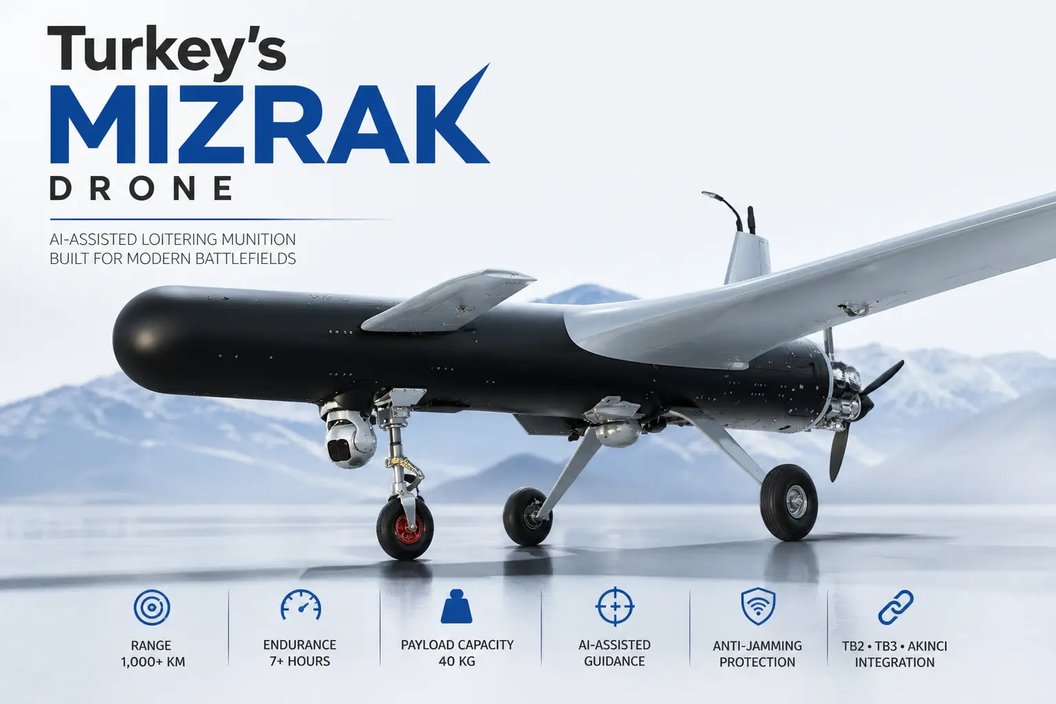 image of Turkey’s Mızrak drone on landing gear with large wingspan, rear propeller, and text highlighting 1,000+ km range, 7+ hours endurance, 40 kg payload, and AI-assisted guidance.