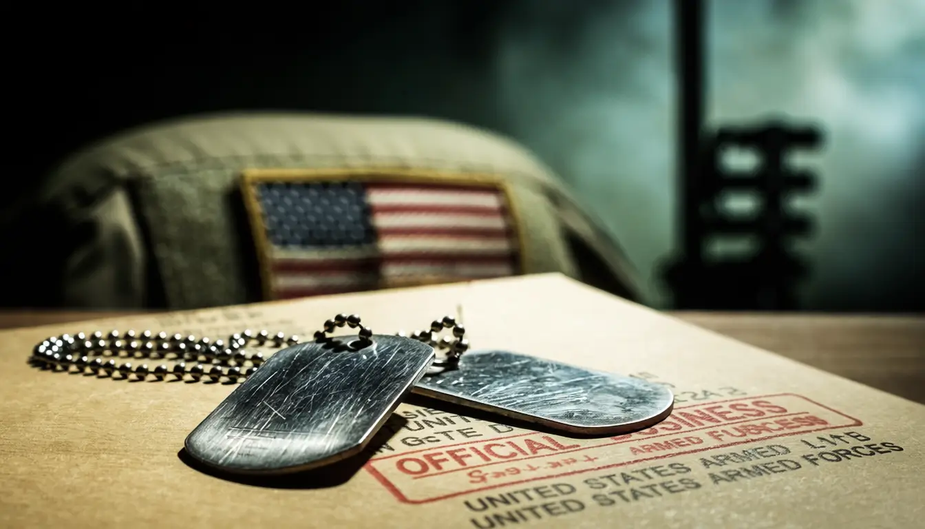 US Military Draft Registration Goes Automatic by End of 2026 An AI-generated image showing two silver military dog tags on a bead chain resting on a manila envelope. The envelope features a red stamp that reads "OFFICIAL BUSINESS" and "UNITED STATES ARMED FORCES." In the blurred background, there is a military helmet with an American flag patch.