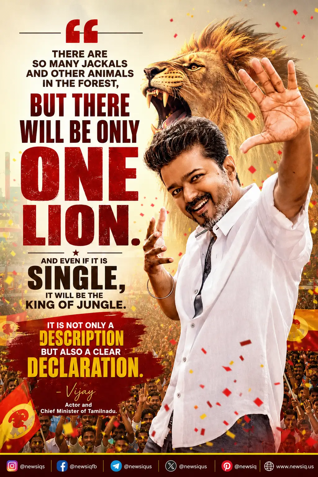 Tamil Nadu Chief Minister Vijay motivational political poster with roaring lion background, massive supporter crowd, and powerful leadership quote symbolizing strength and dominance in Tamil Nadu politics.