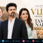 Feature image of Thalapathy Vijay sworn in as Tamil Nadu Chief Minister with Rahul Gandhi and Trisha Krishnan during historic Tamil Nadu political transition.