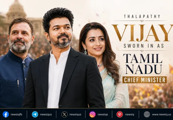 Feature image of Thalapathy Vijay sworn in as Tamil Nadu Chief Minister with Rahul Gandhi and Trisha Krishnan during historic Tamil Nadu political transition.
