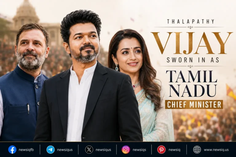 Feature image of Thalapathy Vijay sworn in as Tamil Nadu Chief Minister with Rahul Gandhi and Trisha Krishnan during historic Tamil Nadu political transition.