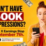 Concerned creator checks her phone beside text about X Original Content Rewards and the 500K verified Home Timeline impressions requirement