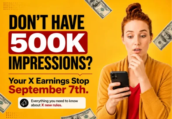 Concerned creator checks her phone beside text about X Original Content Rewards and the 500K verified Home Timeline impressions requirement