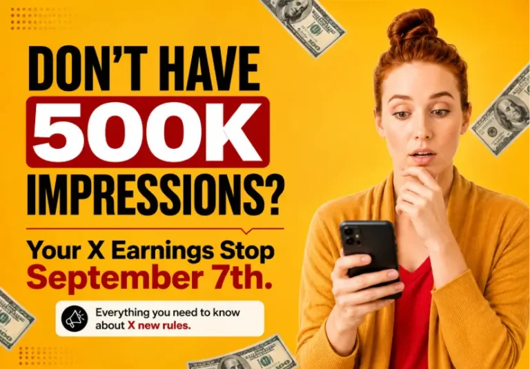 X Original Content Rewards: What If You Miss 500K Impressions? Concerned creator checks her phone beside text about X Original Content Rewards and the 500K verified Home Timeline impressions requirement
