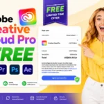 Promotional banner showing how to claim Adobe Creative Cloud Pro free trial with full access to Photoshop, Premiere Pro, Illustrator, and After Effects.