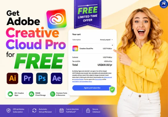 Promotional banner showing how to claim Adobe Creative Cloud Pro free trial with full access to Photoshop, Premiere Pro, Illustrator, and After Effects.