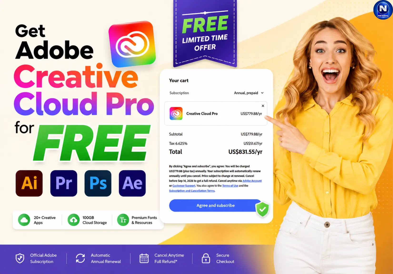 Promotional banner showing how to claim Adobe Creative Cloud Pro free trial with full access to Photoshop, Premiere Pro, Illustrator, and After Effects.