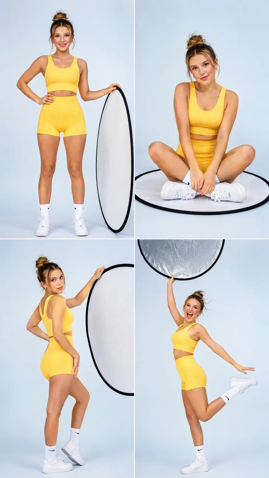 An athletic studio promo shot of Millie Bobby Brown rendered using a ChatGPT image editing prompt