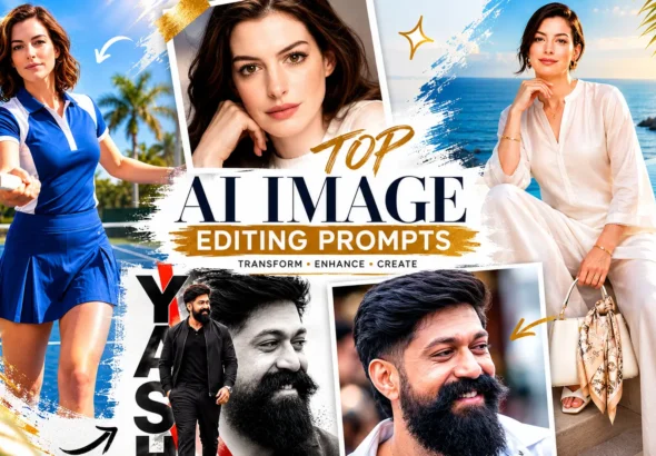 Best ChatGPT Photo Editing Prompts 2026 A banner showcasing viral ChatGPT photo editing prompts results including an AI sports poster edit, a skincare commercial scene on a tennis court, and a Mediterranean resort background change.