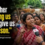 A group of rural Hindu women in Basirhat, West Bengal, protesting against the cattle transport ban distress, with one woman speaking into a microphone while others look on in despair.