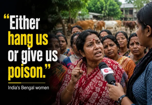 A group of rural Hindu women in Basirhat, West Bengal, protesting against the cattle transport ban distress, with one woman speaking into a microphone while others look on in despair.