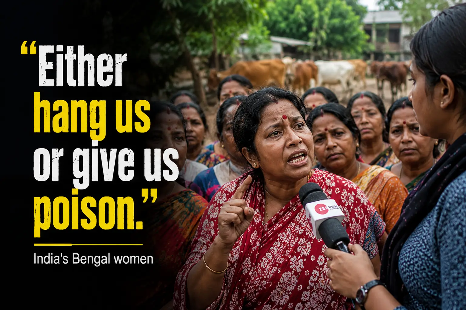 A group of rural Hindu women in Basirhat, West Bengal, protesting against the cattle transport ban distress, with one woman speaking into a microphone while others look on in despair.