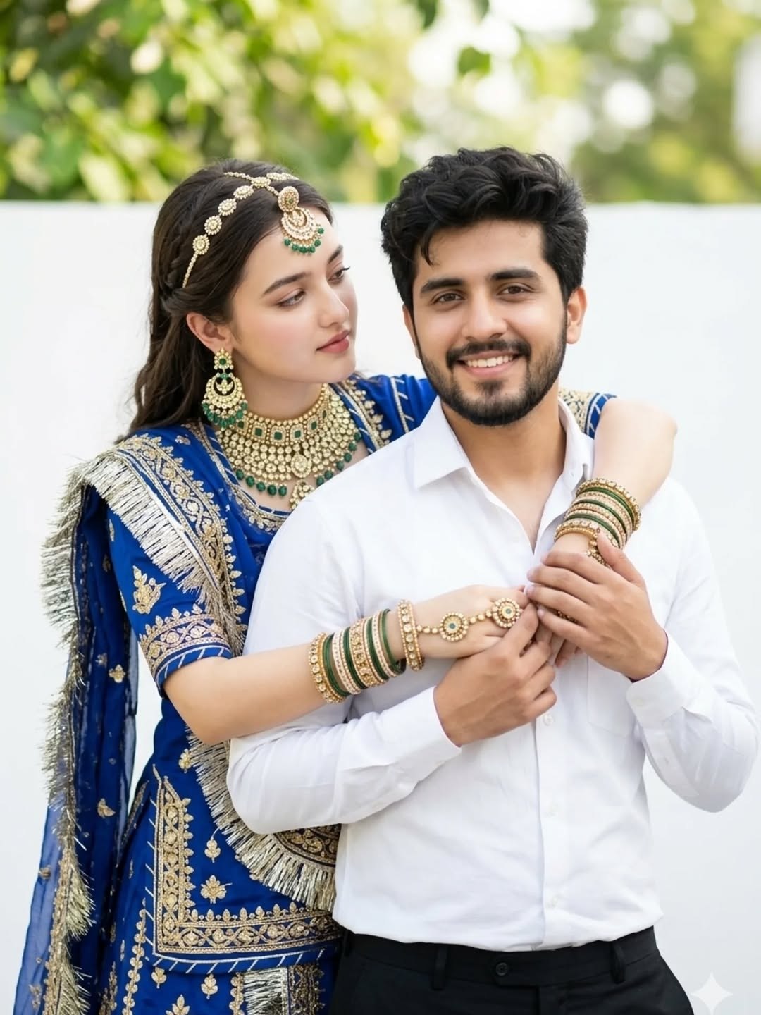 Stop Paying Editors: These ChatGPT Prompts Edit Your Photos for Free Romantic couple in elegant blue wedding lehenga