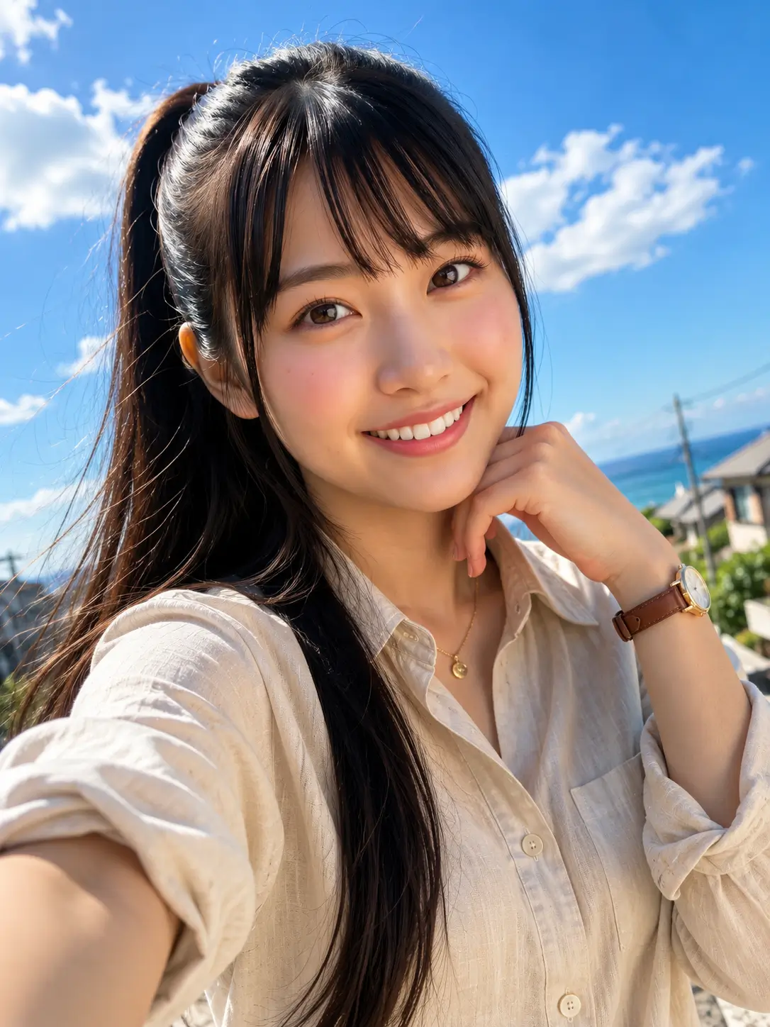 Stop Paying Editors: These ChatGPT Prompts Edit Your Photos for Free Transformed casual linen shirt selfie under summer blue sky