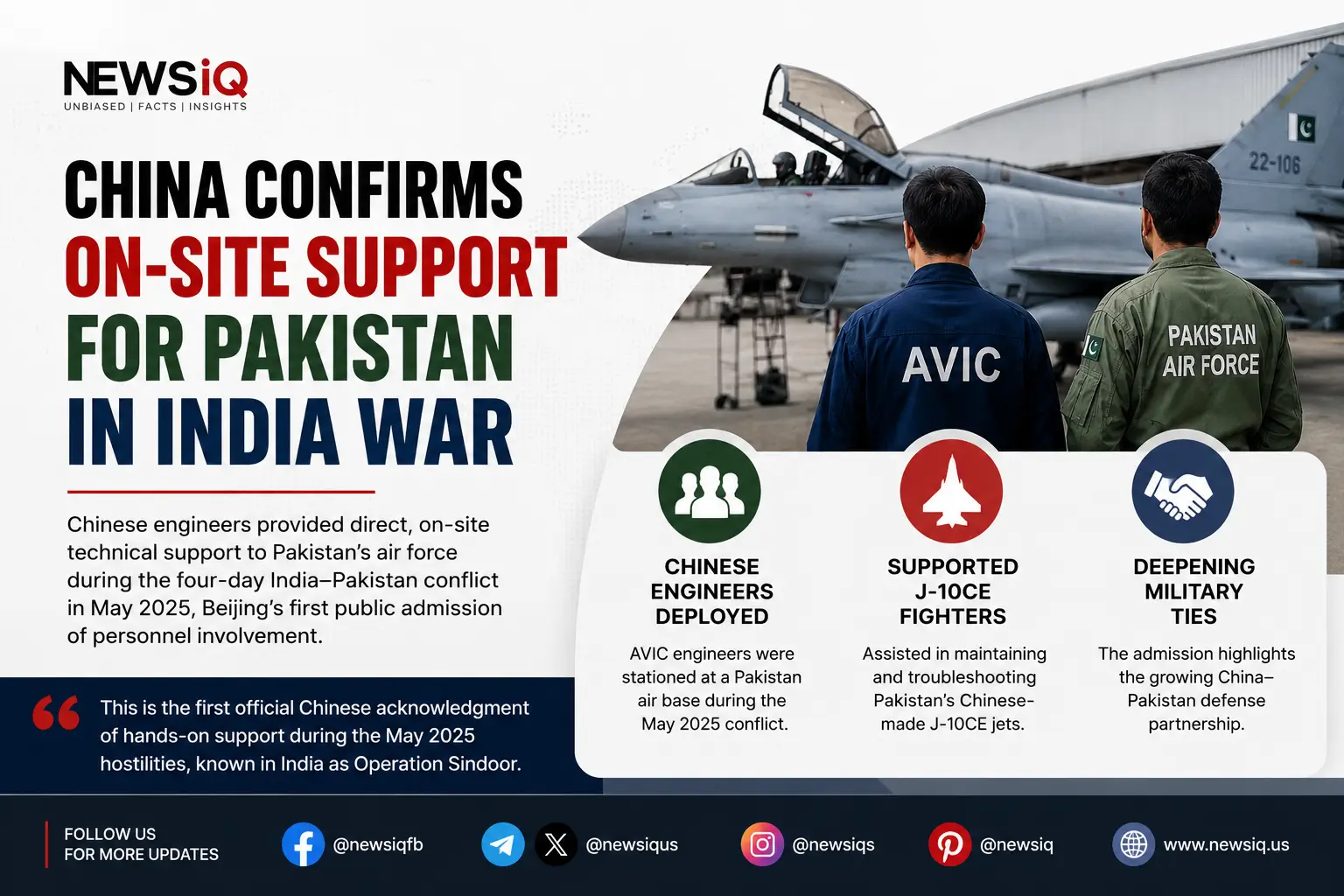 AVIC engineer and Pakistan Air Force pilot standing side by side in front of a J-10CE fighter jet, representing China's confirmed on-site technical support to Pakistan during the India-Pakistan war in May 2025.