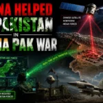 Infographic showing China helping Pakistan during the India-Pakistan war, with Chinese satellite monitoring Indian forces and transmitting real-time data to Pakistan Air Force command center, while Pakistani J-10CE fighter jets engage in combat.
