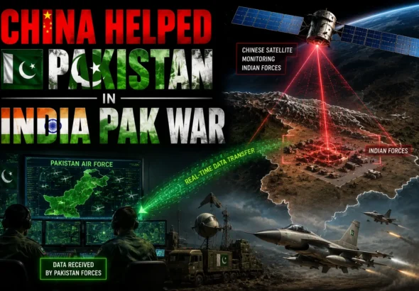 Infographic showing China helping Pakistan during the India-Pakistan war, with Chinese satellite monitoring Indian forces and transmitting real-time data to Pakistan Air Force command center, while Pakistani J-10CE fighter jets engage in combat.