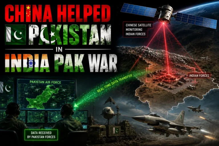 Infographic showing China helping Pakistan during the India-Pakistan war, with Chinese satellite monitoring Indian forces and transmitting real-time data to Pakistan Air Force command center, while Pakistani J-10CE fighter jets engage in combat.
