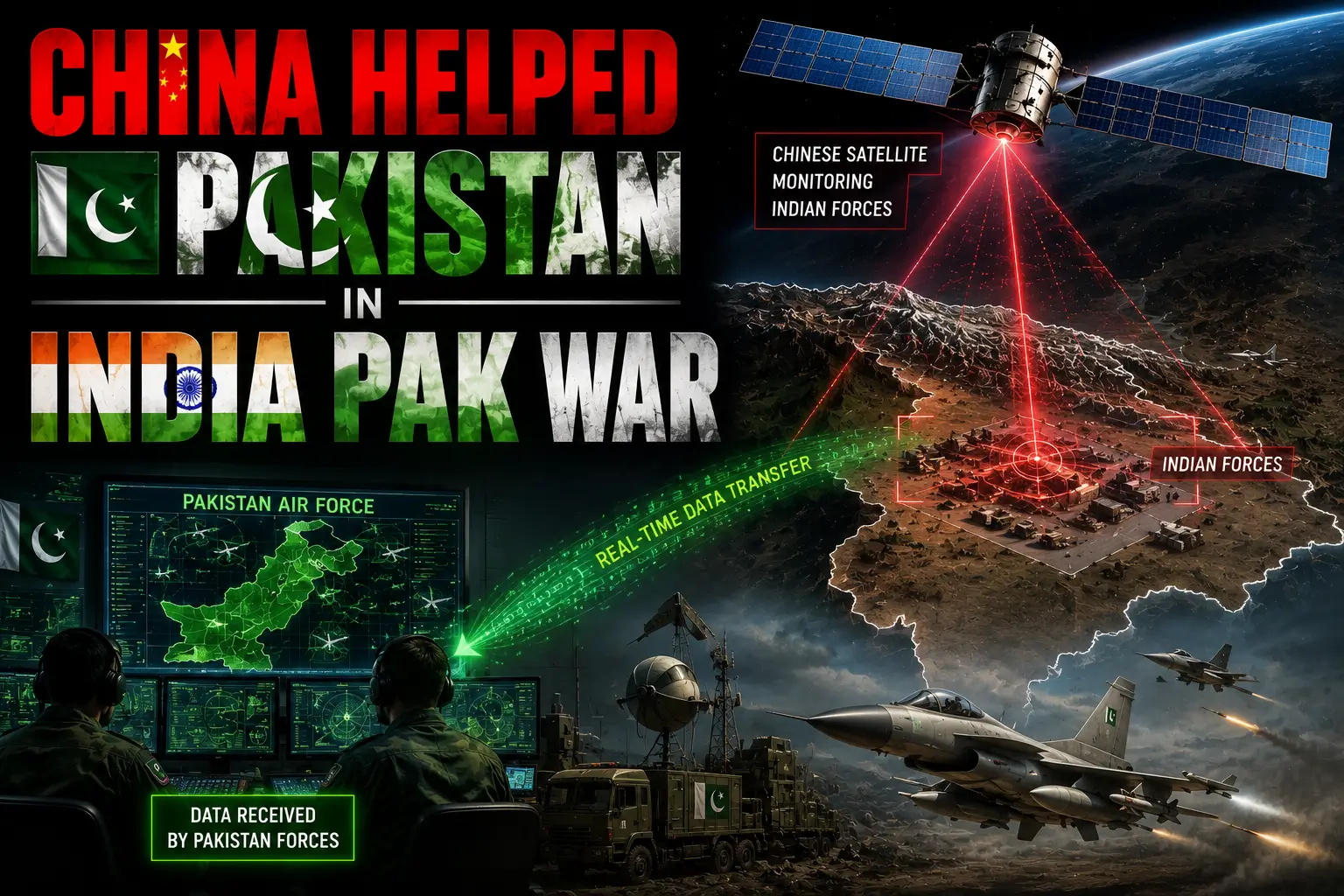 Infographic showing China helping Pakistan during the India-Pakistan war, with Chinese satellite monitoring Indian forces and transmitting real-time data to Pakistan Air Force command center, while Pakistani J-10CE fighter jets engage in combat.