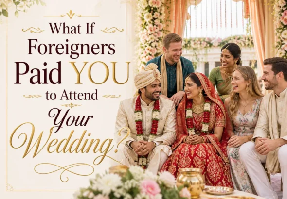 Tourists attending an Indian wedding with bride and groom in traditional attire, showcasing Indian wedding tourism and cultural celebration experience