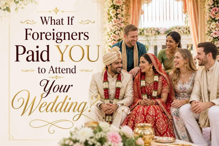 Tourists attending an Indian wedding with bride and groom in traditional attire, showcasing Indian wedding tourism and cultural celebration experience