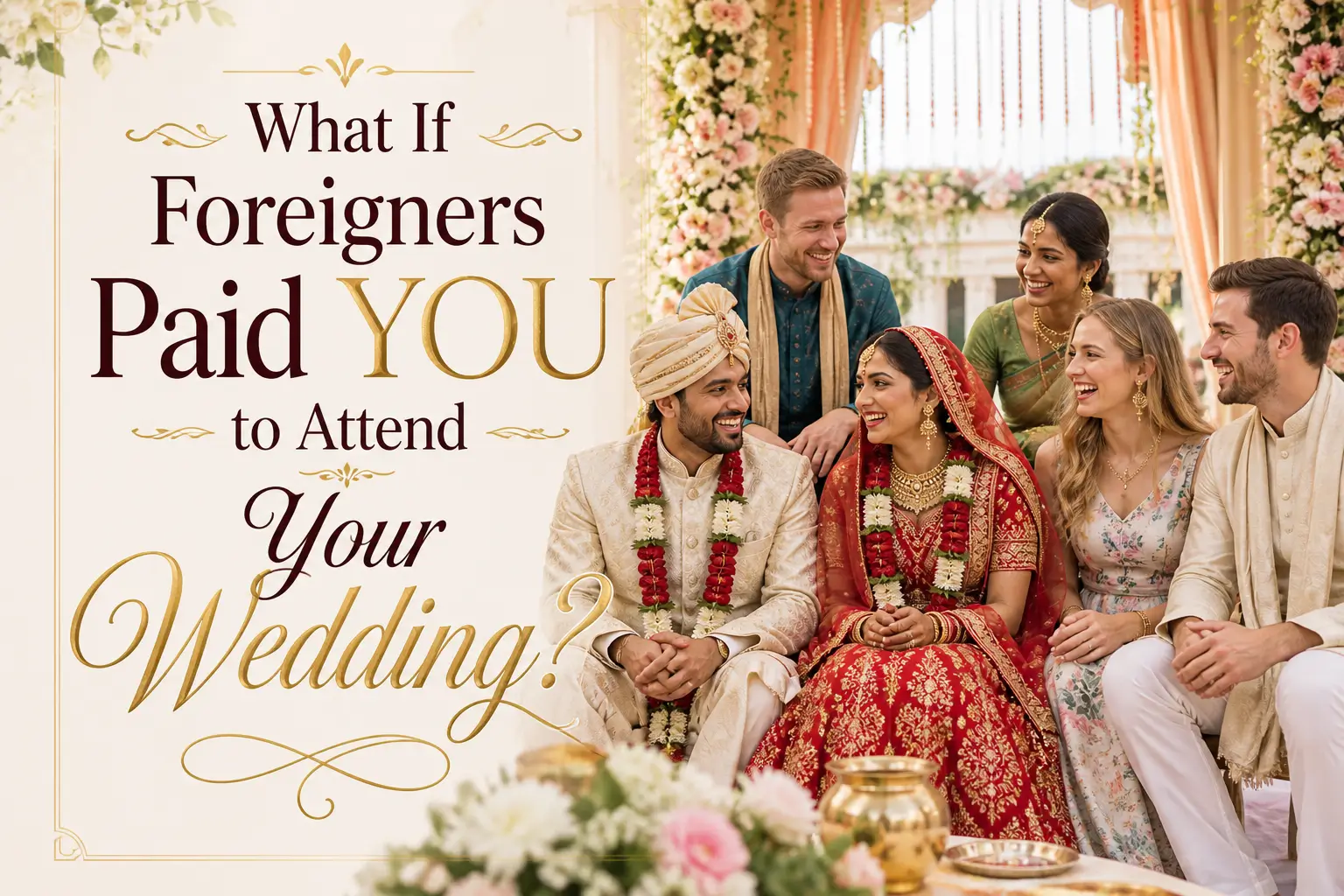 Tourists attending an Indian wedding with bride and groom in traditional attire, showcasing Indian wedding tourism and cultural celebration experience