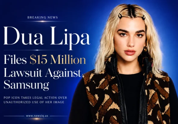 Breaking news graphic of Dua Lipa with text stating she is filing a $15 million lawsuit against Samsung for unauthorized use of her image.