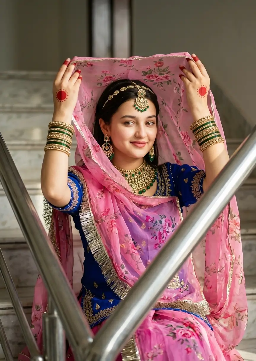 High-quality output from free Gemini photo editing prompt showing realistic drapery and authentic accessories on marble stairs.