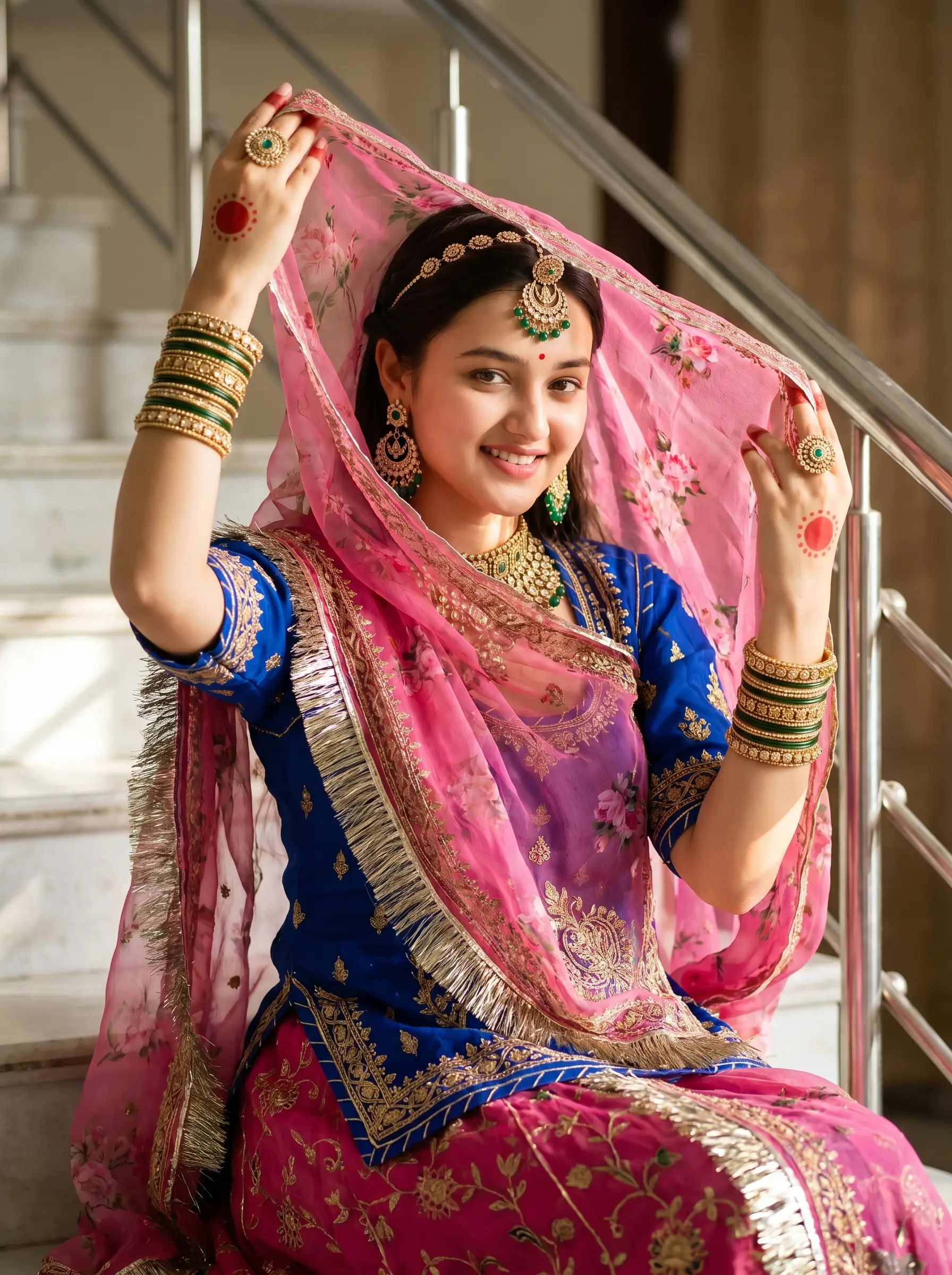 Vibrant royal blue and pink traditional lehenga Rajputi Poshak styling edited with Google Gemini nano banana pro.