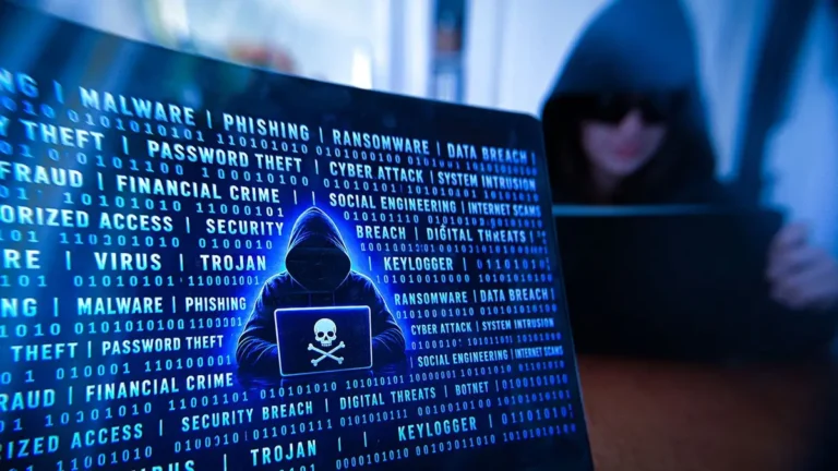 How 10 World-Class Hackers Got Arrested by FBI Hooded hacker using a laptop with a skull and crossbones icon, surrounded by malware and cyberattack terms - illustrating how famous hackers got caught
