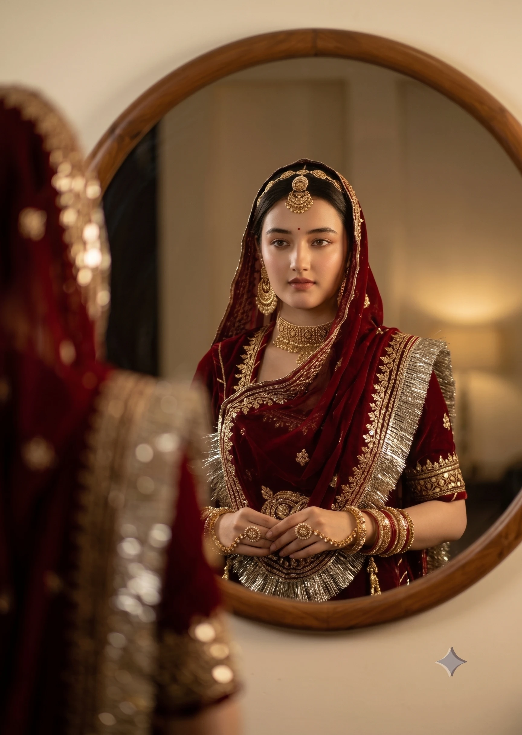 Identity-consistent reflection showing intricate crimson velvet fabric folds, heavy gold embroidery, and luxury traditional jewelry.