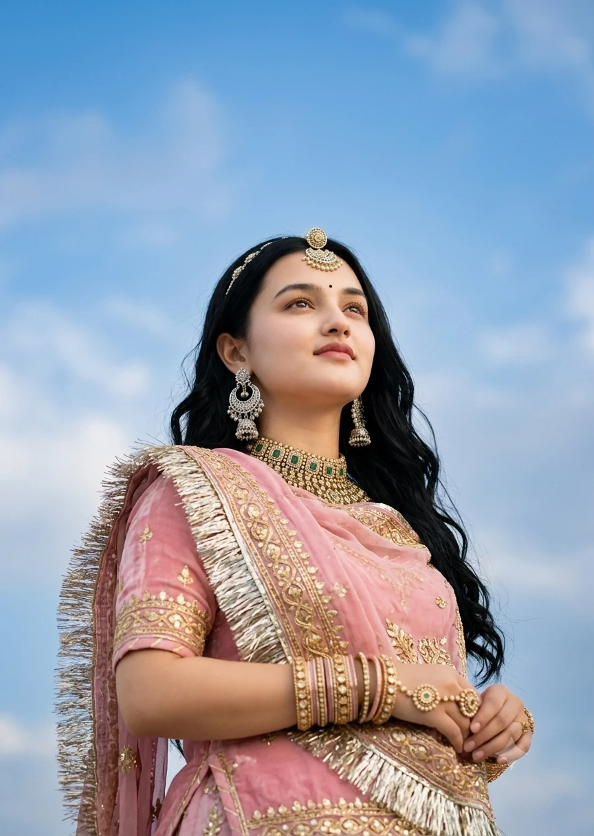 Beautiful close-up of a Rajputi woman in faded light pink velvet looking up.
