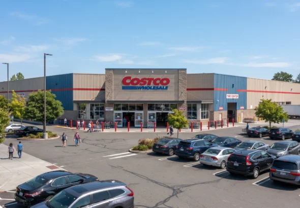 Is Costco open on July 4, 2026 exterior view of a Costco Wholesale warehouse with customers and parked cars